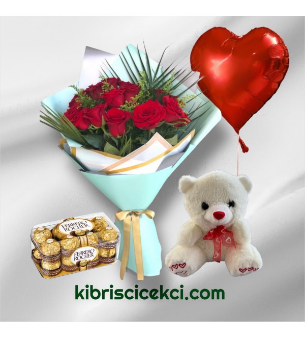 15 Kırmızı Gül Buketi 16'lı Ferrero Çikolata Ayıcık Kalp Helyum Balon